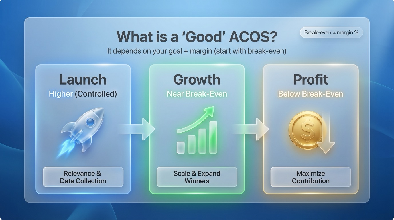 Good ACOS framework by goal showing launch growth and profitability scenarios and how targets differ
