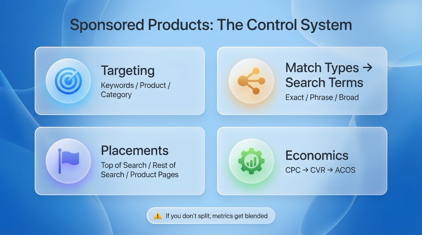 Diagram summarizing the four core levers of Amazon Sponsored Products: Targeting Keywords Product Category, Match Types Search Terms Exact Phrase Broad, Placements Top of Search Rest of Search Product Pages, Economics CPC CVR ACOS.
