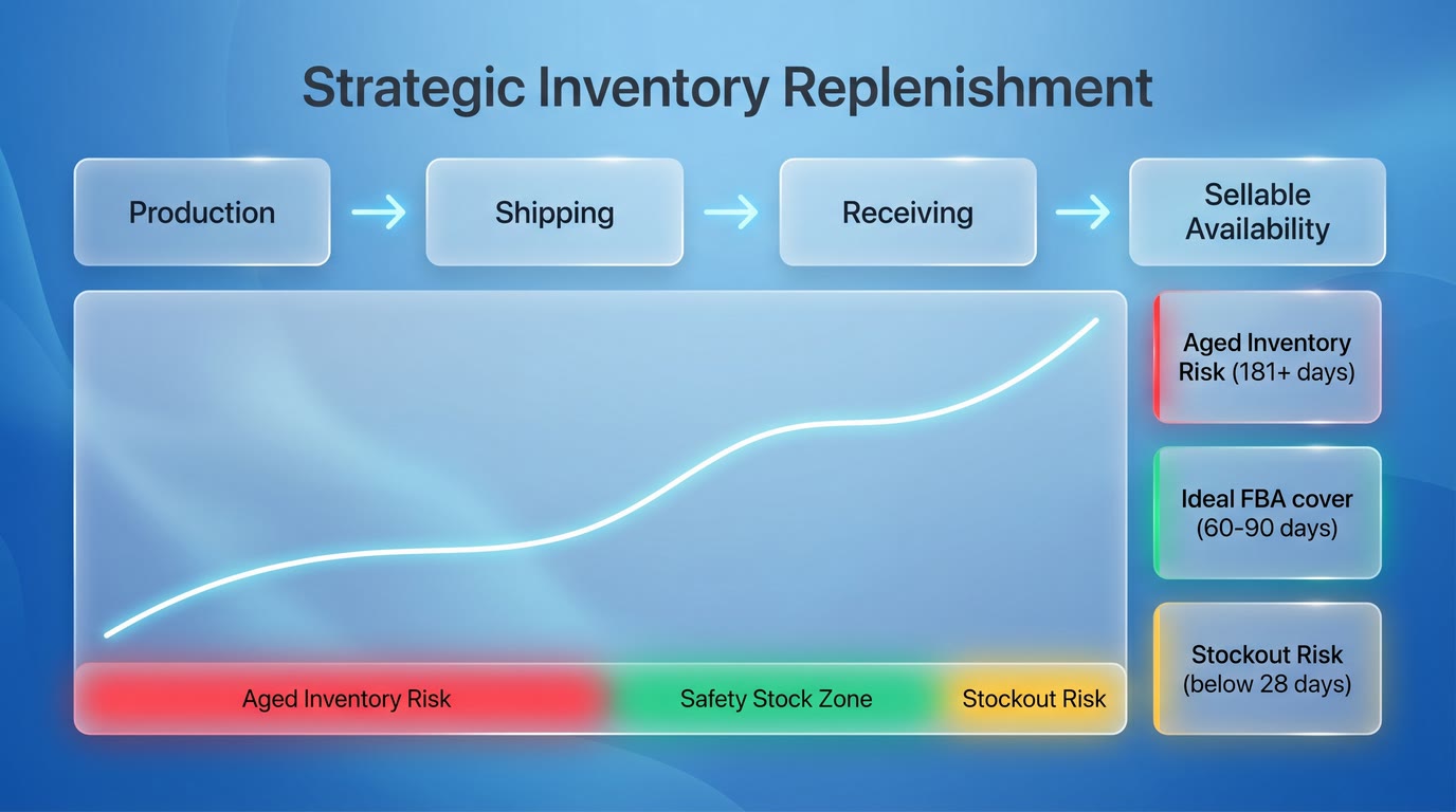 Timeline diagram showing how sellers should place a reorder before inventory drops into the safety stock zone, while covering production, shipping, and receiving lead time without creating excess or aged inventory pressure.