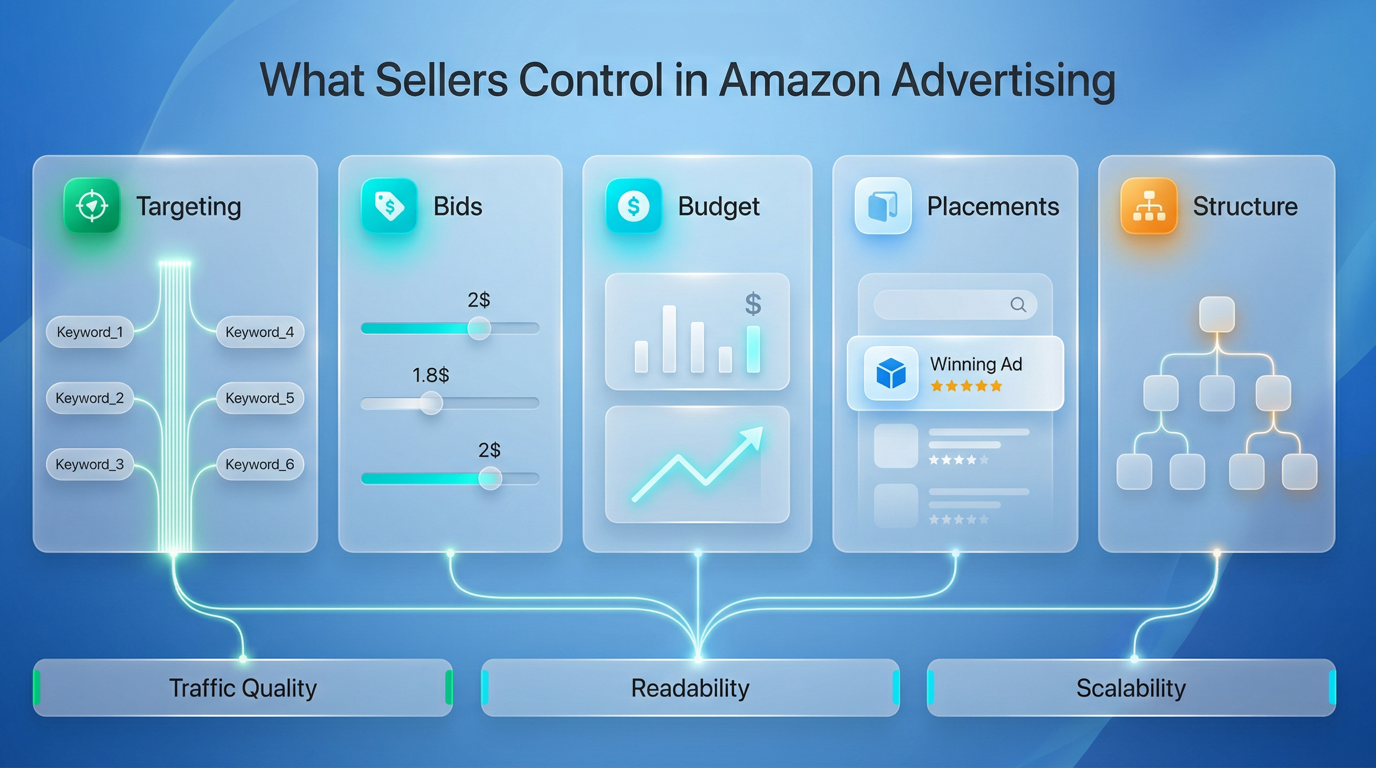 Strategic visual showing the main seller-controlled levers in Amazon advertising: targeting, bids, budget, placements, and structure