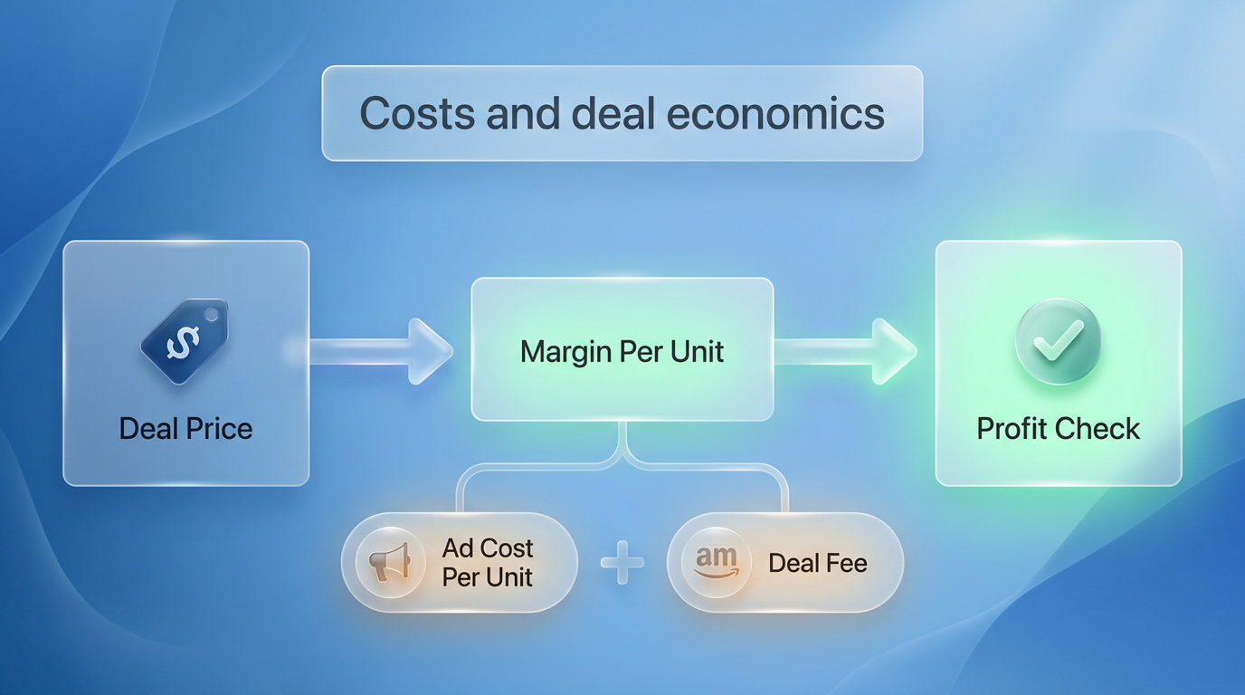 Break-even check for Lightning Deals: margin per unit minus ad cost and deal fee