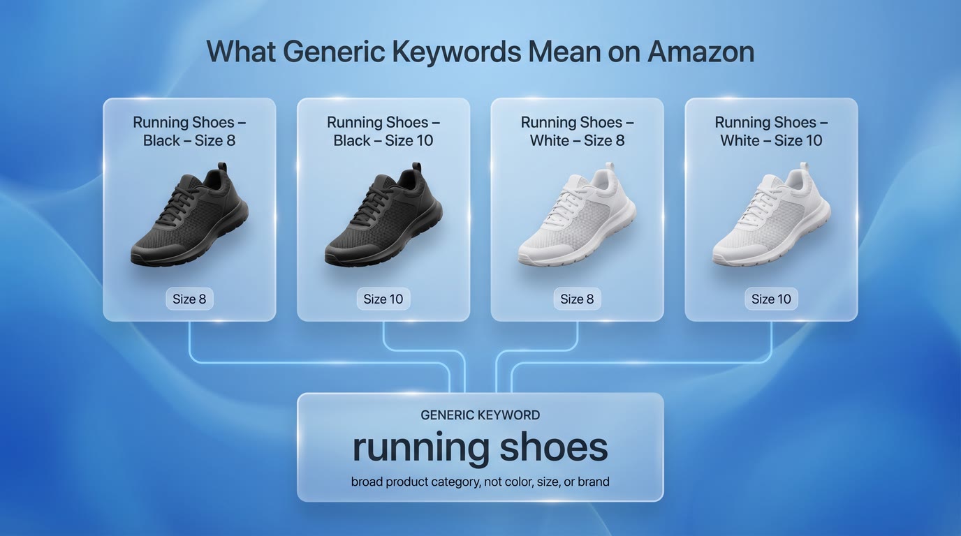 Diagram showing four running shoe listing variations in different colors and sizes, all connected to the same generic keyword "running shoes" because the keyword reflects the broad product category rather than the specific variation.