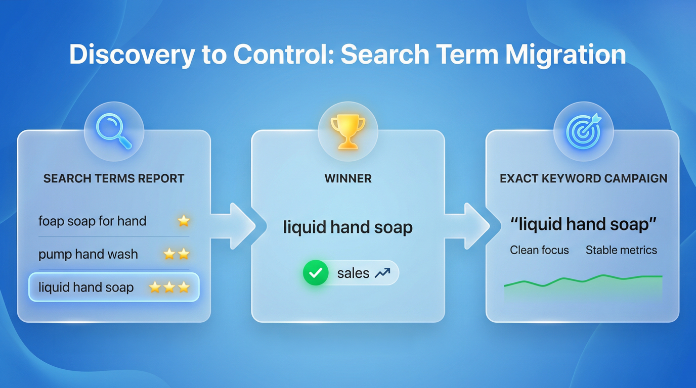 Flow diagram showing how a proven search term is promoted into a keyword for tighter control and cleaner performance data.