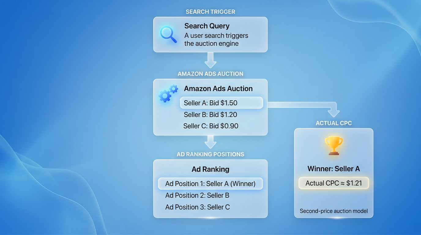 Amazon advertising auction example showing how the winning advertiser pays slightly more than the second highest bid to determine CPC.