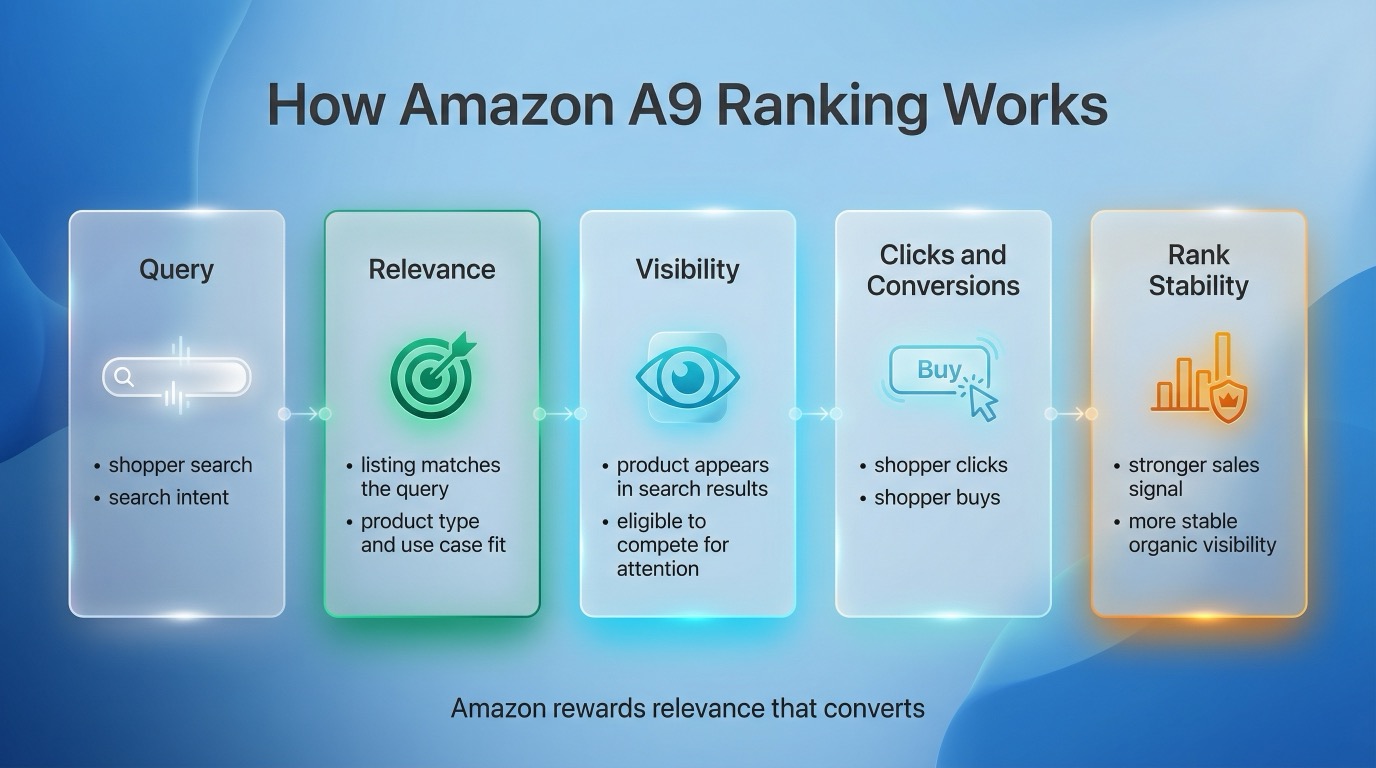 Diagram showing the simplified Amazon A9 ranking loop: query relevance leads to visibility, visibility leads to clicks, clicks lead to conversions, and conversions reinforce ranking stability.
