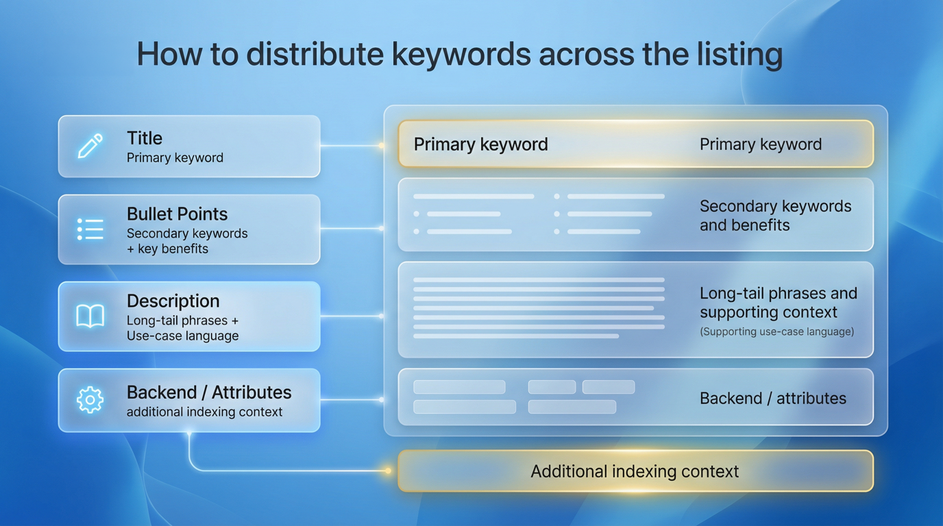 Diagram showing how primary, secondary, and long-tail keywords should be distributed across Amazon listing title, bullet points, description, and attributes.