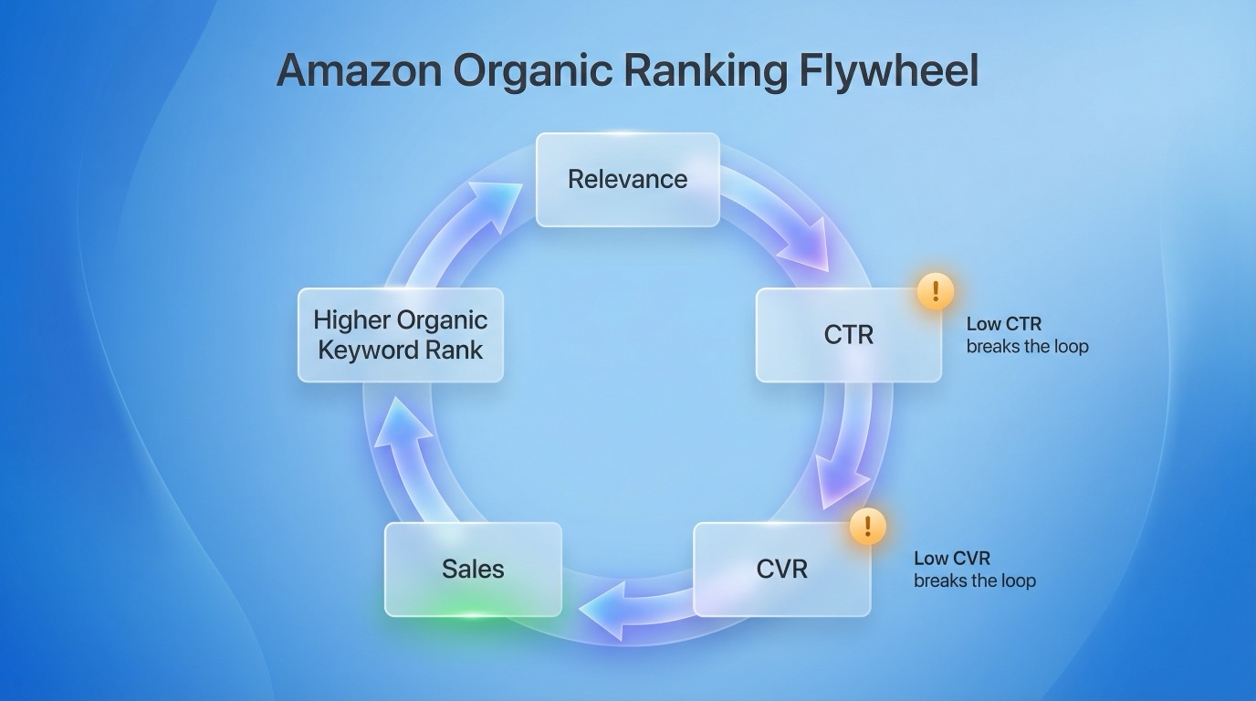 Diagram showing the Amazon organic ranking flywheel: relevance drives CTR, CTR and listing quality drive CVR, sales reinforce ranking, and weak CTR/CVR breaks the cycle.