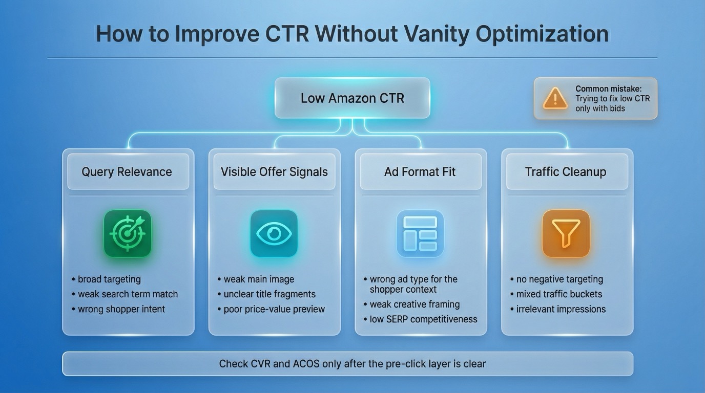 Flowchart showing how to diagnose low Amazon CTR through query relevance, visible offer signals, ad format, and traffic cleanup before moving to CVR and ACOS analysis.