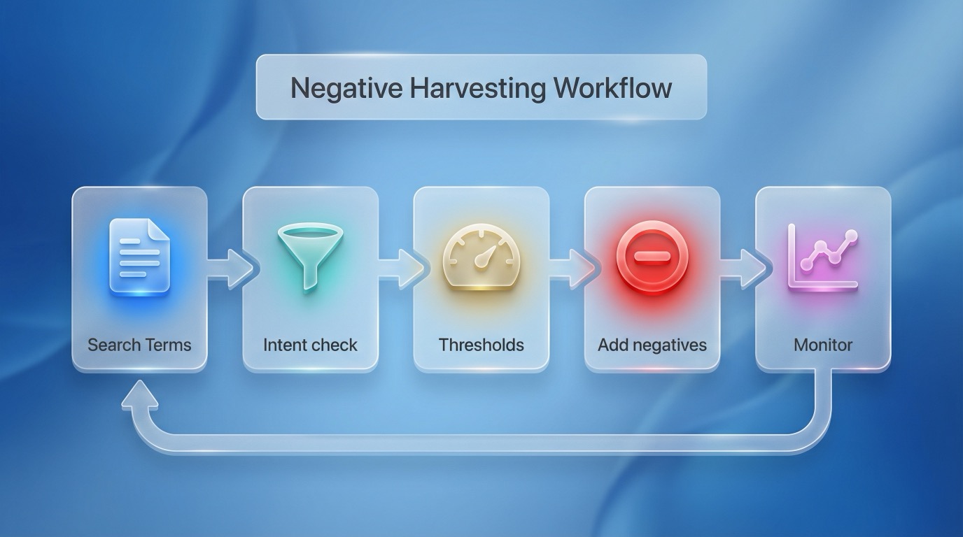 Workflow diagram showing how to harvest negative keywords from search term data, apply thresholds, and monitor results.