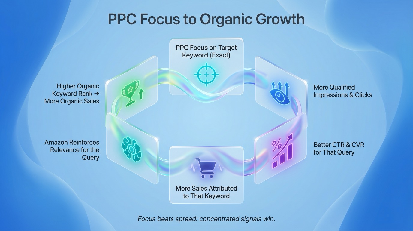 Diagram showing the PPC-to-organic flywheel on Amazon: focusing Sponsored Products on a target keyword improves CTR, CVR, and sales for that query, which reinforces relevance and increases organic keyword rank, leading to more organic sales.