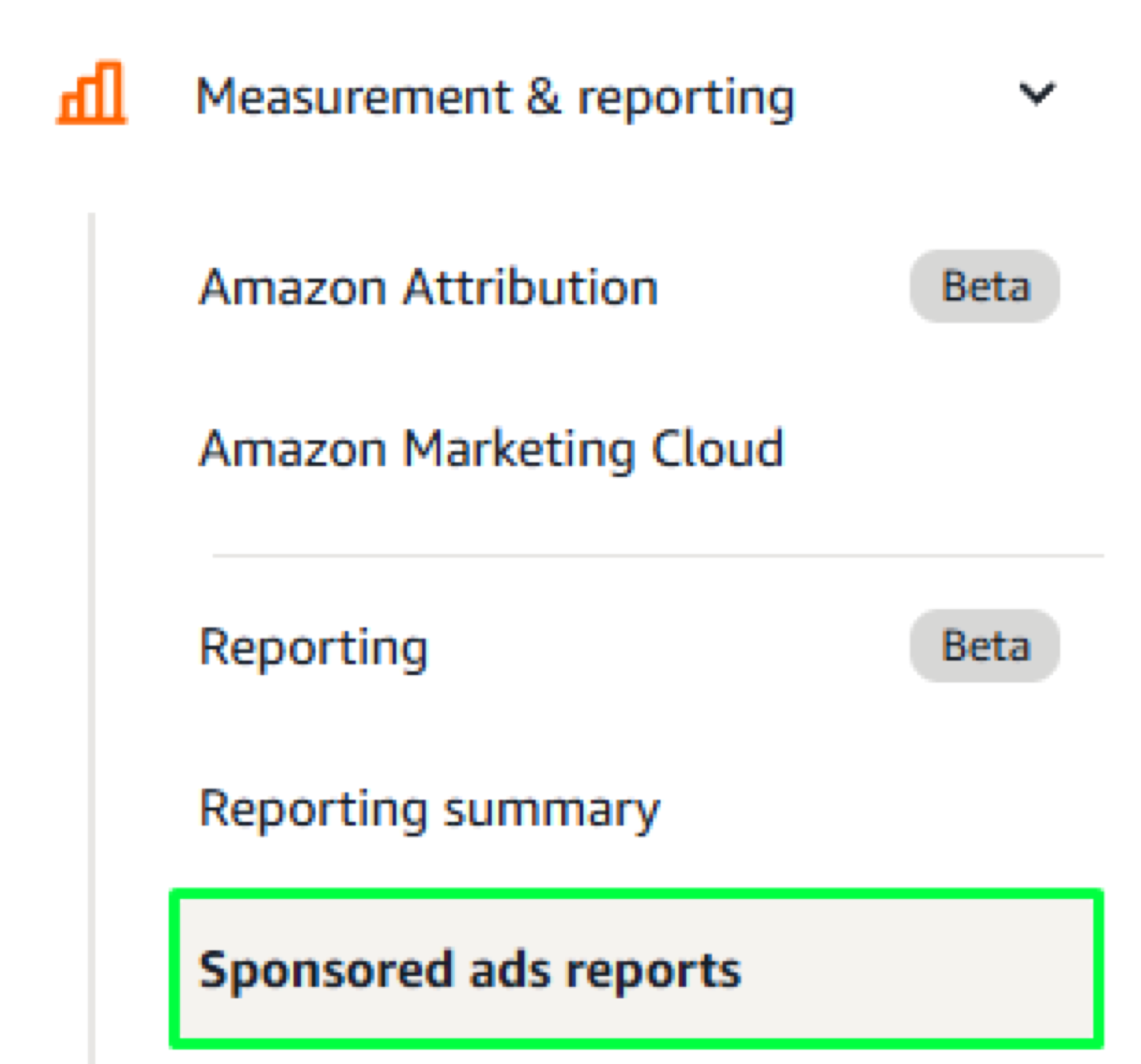 Amazon Ads console menu showing where to find Sponsored ads reports under Measurement & reporting to access the Search Terms report