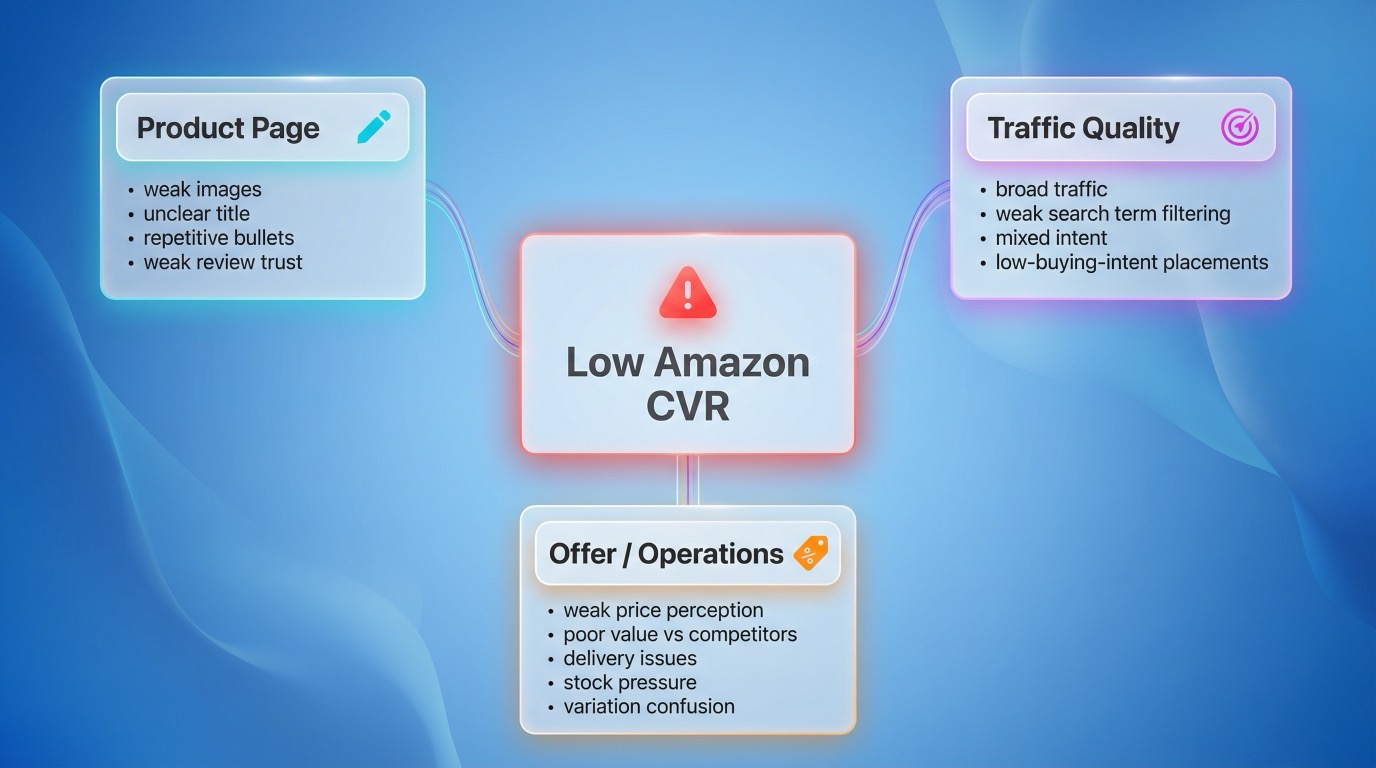 Diagram showing the main drivers of low Amazon CVR: weak product page, poor traffic quality, and weak offer or operational issues.