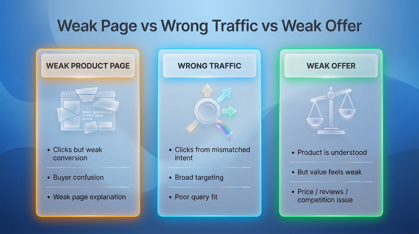 Diagnostic framework comparing a weak Amazon product page, wrong traffic, and a weak offer using conversion symptoms and buyer signals