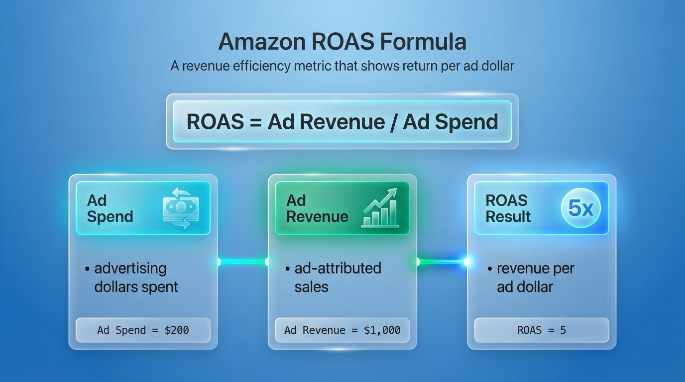 Diagram showing Amazon ROAS as ad revenue divided by ad spend, explaining that ROAS measures how much revenue is generated for each advertising dollar.