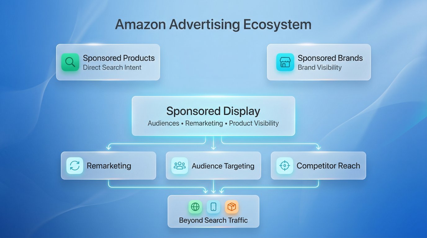 Diagram showing how Sponsored Display fits into Amazon PPC through remarketing, audience targeting, and product visibility outside search-only traffic