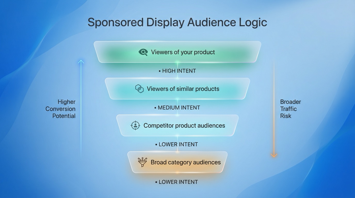 Flowchart showing Sponsored Display audience selection from product viewers and similar product viewers to competitor and broader category audiences