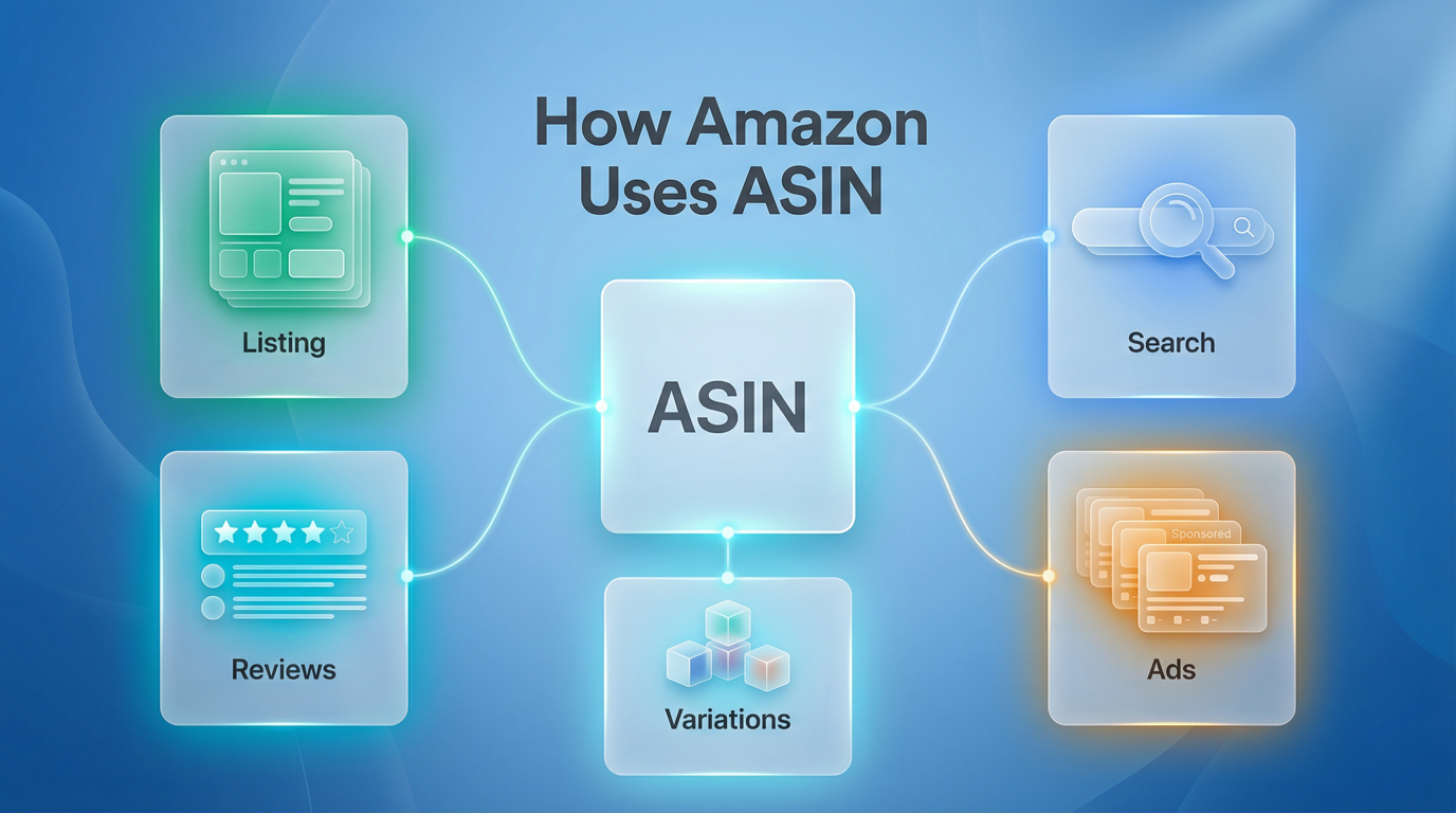 Diagram showing ASIN as the central product identifier connected to the listing, reviews, variations, search, and advertising