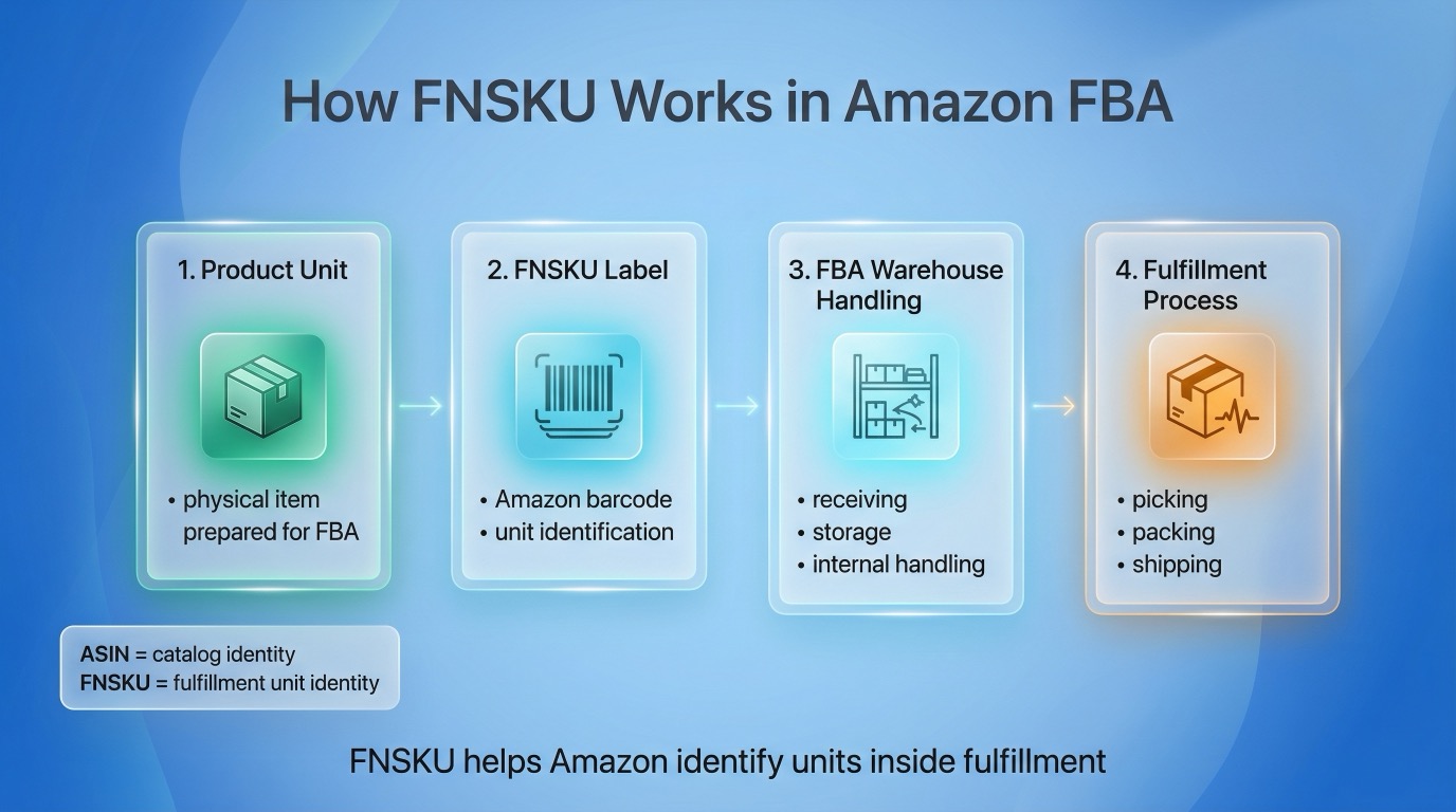 Diagram showing how FNSKU works inside the Amazon FBA workflow from unit labeling to warehouse handling and fulfillment.