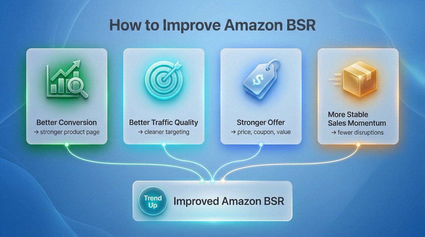 Diagram showing that Amazon BSR usually improves through stronger conversion, better traffic quality, and a more competitive offer.