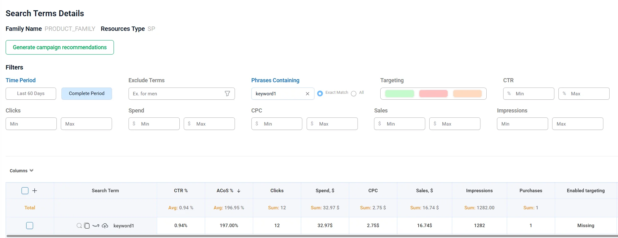Detailed statistics view for negative exact keyword decision-making