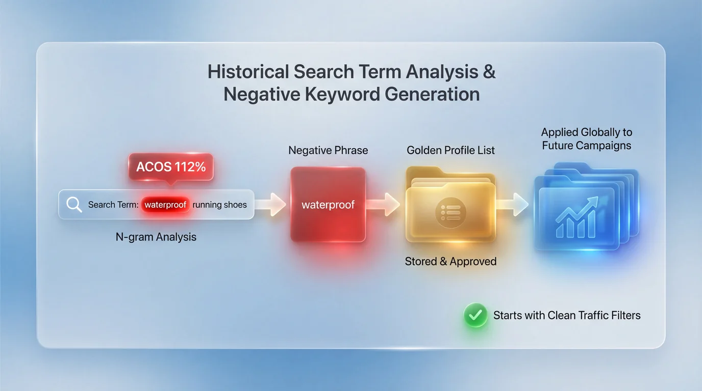 Automated negative keyword harvesting process storing approved negatives in a Golden profile list