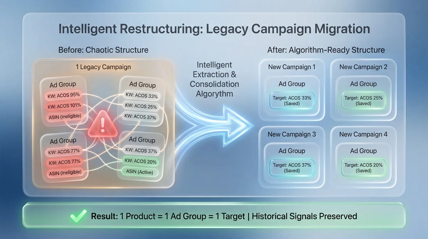 Campaign restructuring flow consolidating multiple ad groups into single target architecture