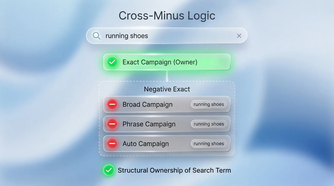 Visual explanation of cross-minus logic consolidating keyword ownership into one Exact campaign