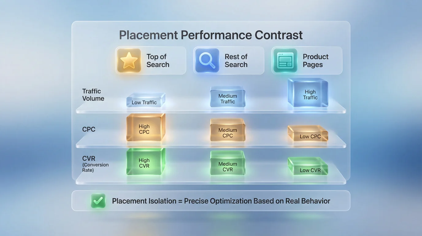 Comparison of Amazon ad placements performance showing traffic and conversion differences across Top of Search, Rest of Search, and Product Pages