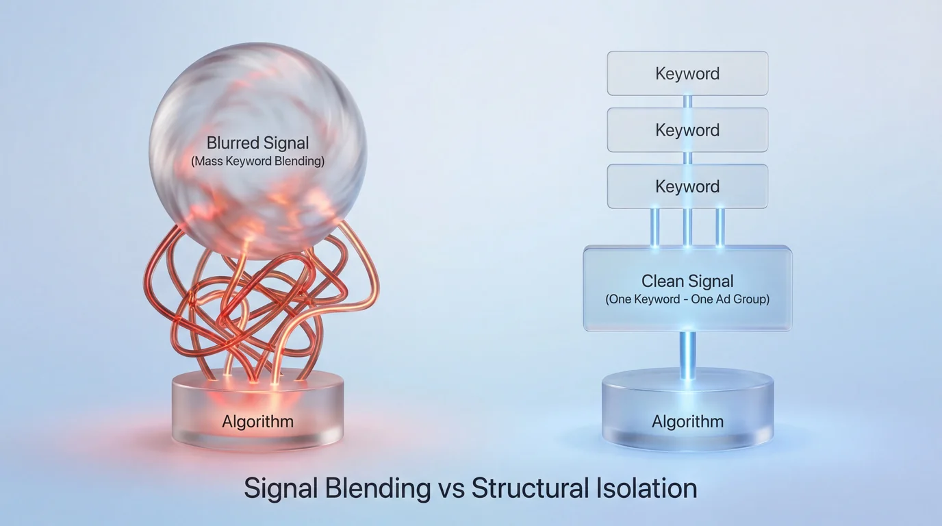 Example of disorganized campaign structure causing overlapping keyword conflicts